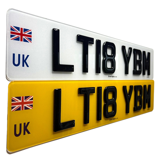 Two license plates with UK flags, one white and one yellow, on a white background.