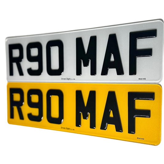 Two license plates with 'R90 MAF' text on a white background