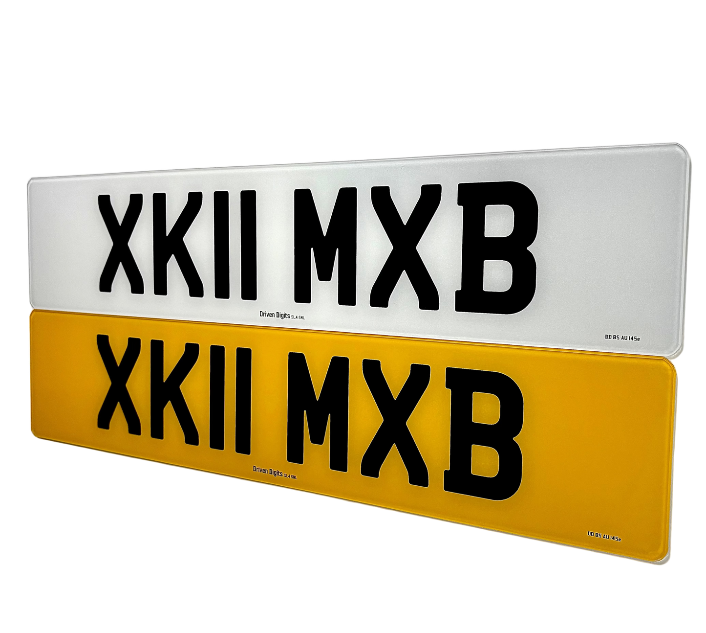 Two rectangular license plate-style signs with the black text 'XK11 MXB' on a white sign above and a yellow sign below, shown against a plain light background.