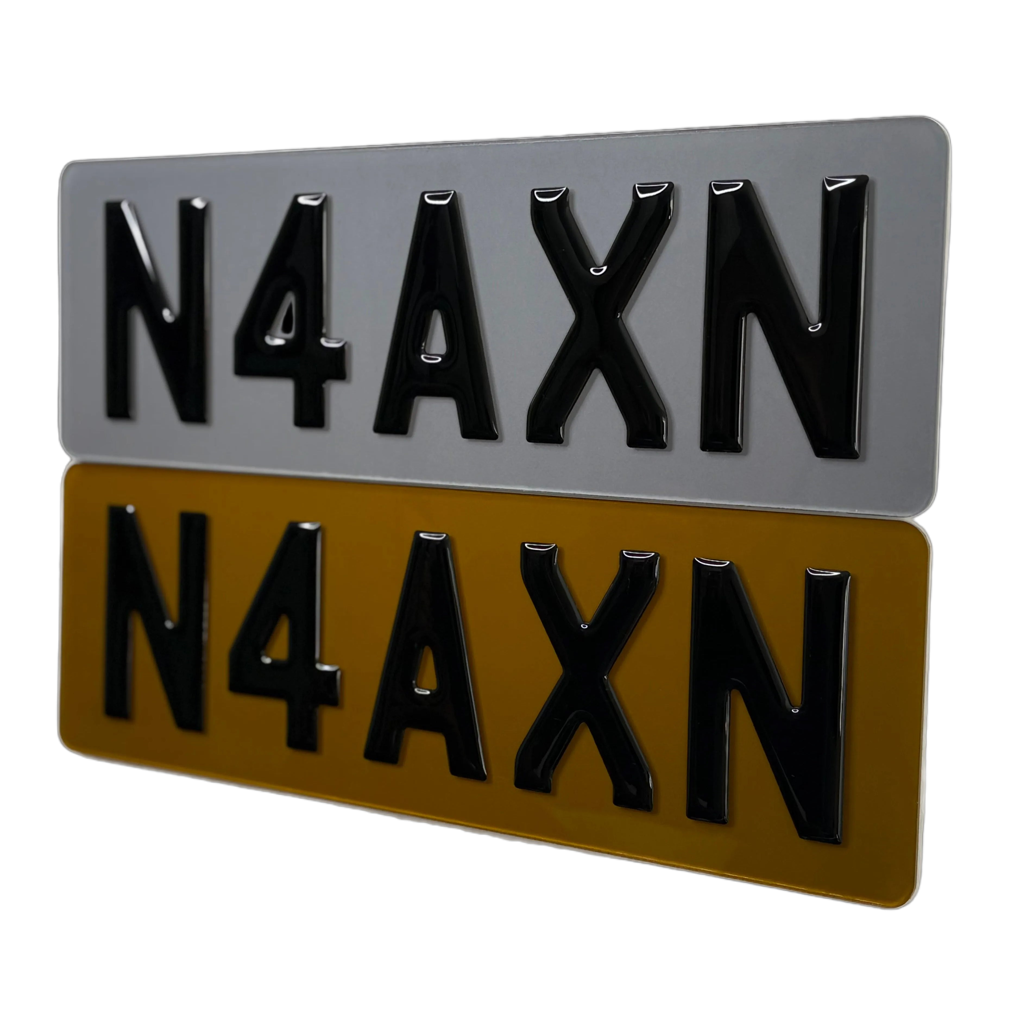 Two shortened tinted 3d gel number plates with 'N4AXN' text on a white background