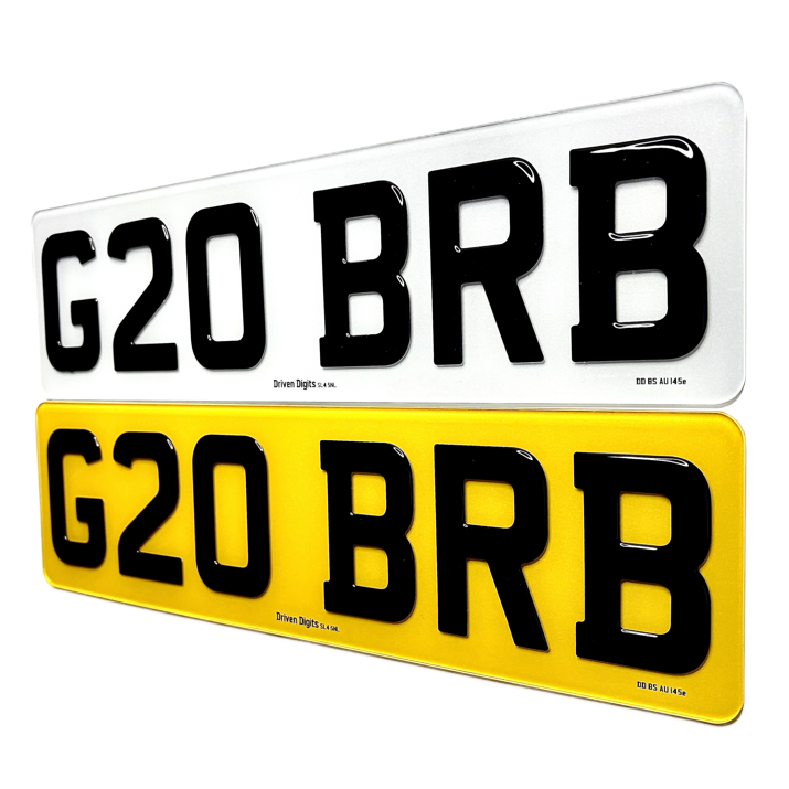 Two license plates with 'G20 BRB' text on a white background