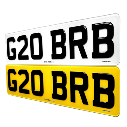 Two license plates with 'G20 BRB' text on a white background