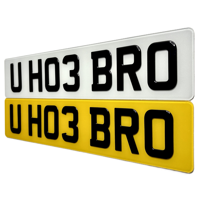 Two license plates with 'U HO3 BRO' text on a white background