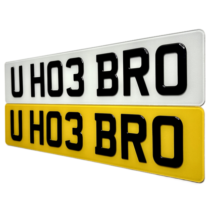 Two license plates with 'U HO3 BRO' text on a white background