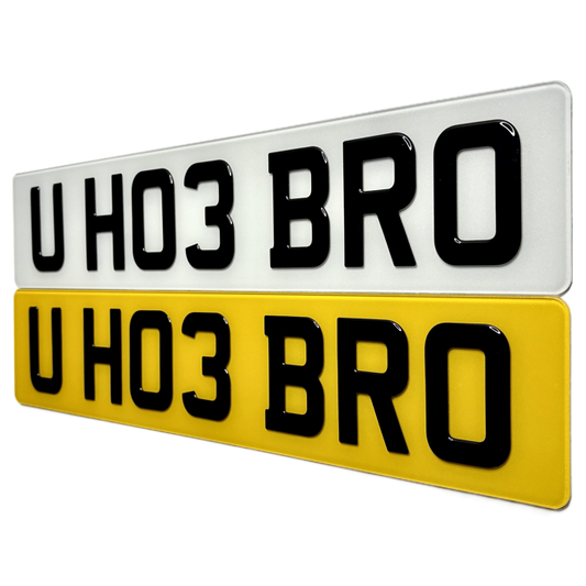 Two license plates with 'U HO3 BRO' text on a white background