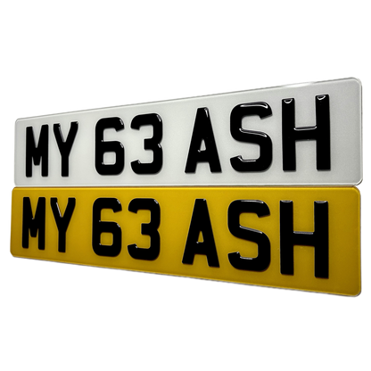 Two license plates with 'MY 63 ASH' text on a white background
