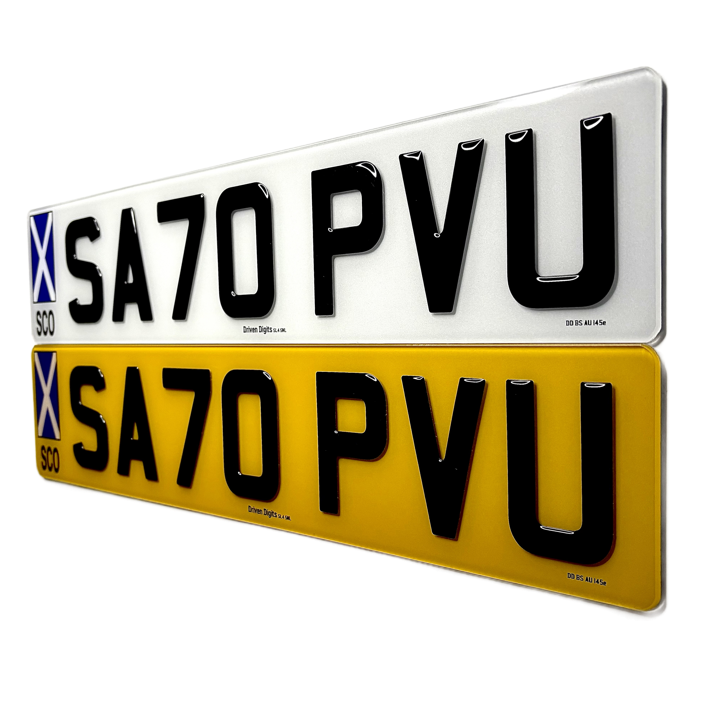 Two license plates with Scotland flag on a white background