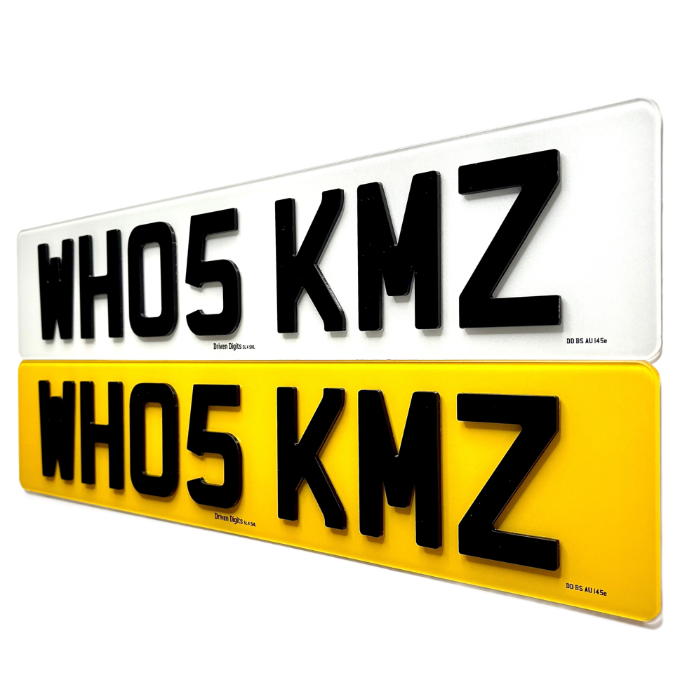 Two license plates with 'WHO5 KMZ' text on a white and yellow background
