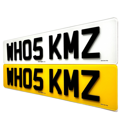 Two license plates with 'WHO5 KMZ' text on a white and yellow background