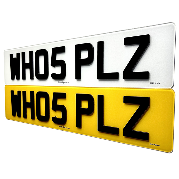 Two license plates with 'WHOS PLZ' text on a white background