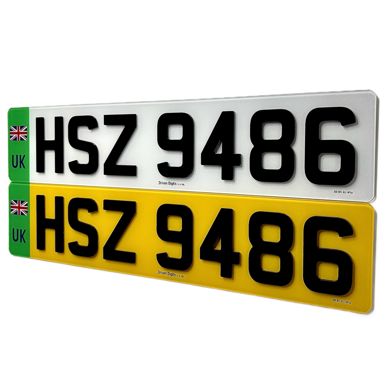 A pair of Driven Digits 4D number plates with Green EV UK badge