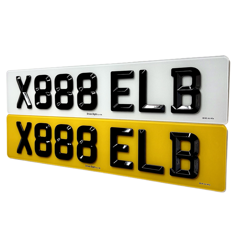 Two rectangular license plate style signs shown on a white background, one white and one yellow, both with raised black alphanumeric lettering reading X888 ELB.