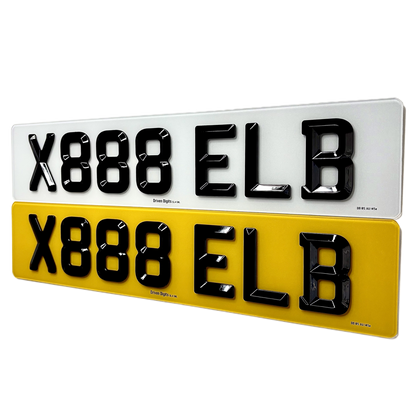 Two rectangular license plate style signs shown on a white background, one white and one yellow, both with raised black alphanumeric lettering reading X888 ELB.