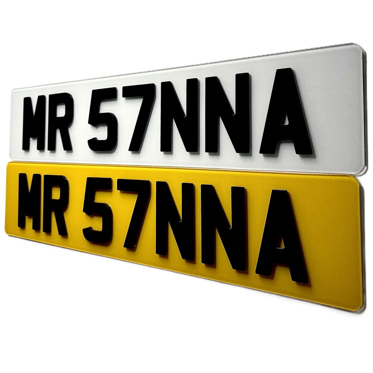 Two license plates with 'MR 57NNA' text on a white background