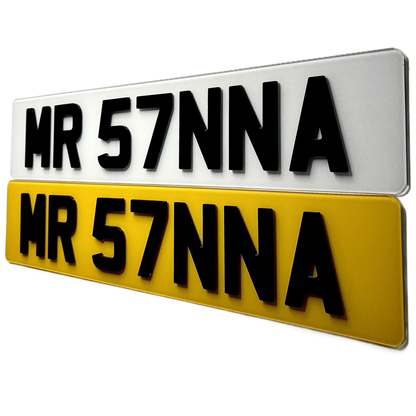 Two license plates with 'MR 57NNA' text on a white background