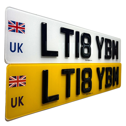 Two license plates with UK flags, one white and one yellow, on a white background.