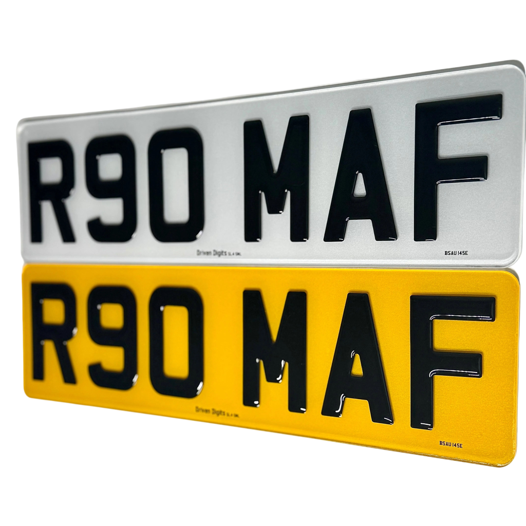 Two license plates with 'R90 MAF' text on a white background