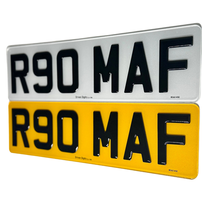 Two license plates with 'R90 MAF' text on a white background