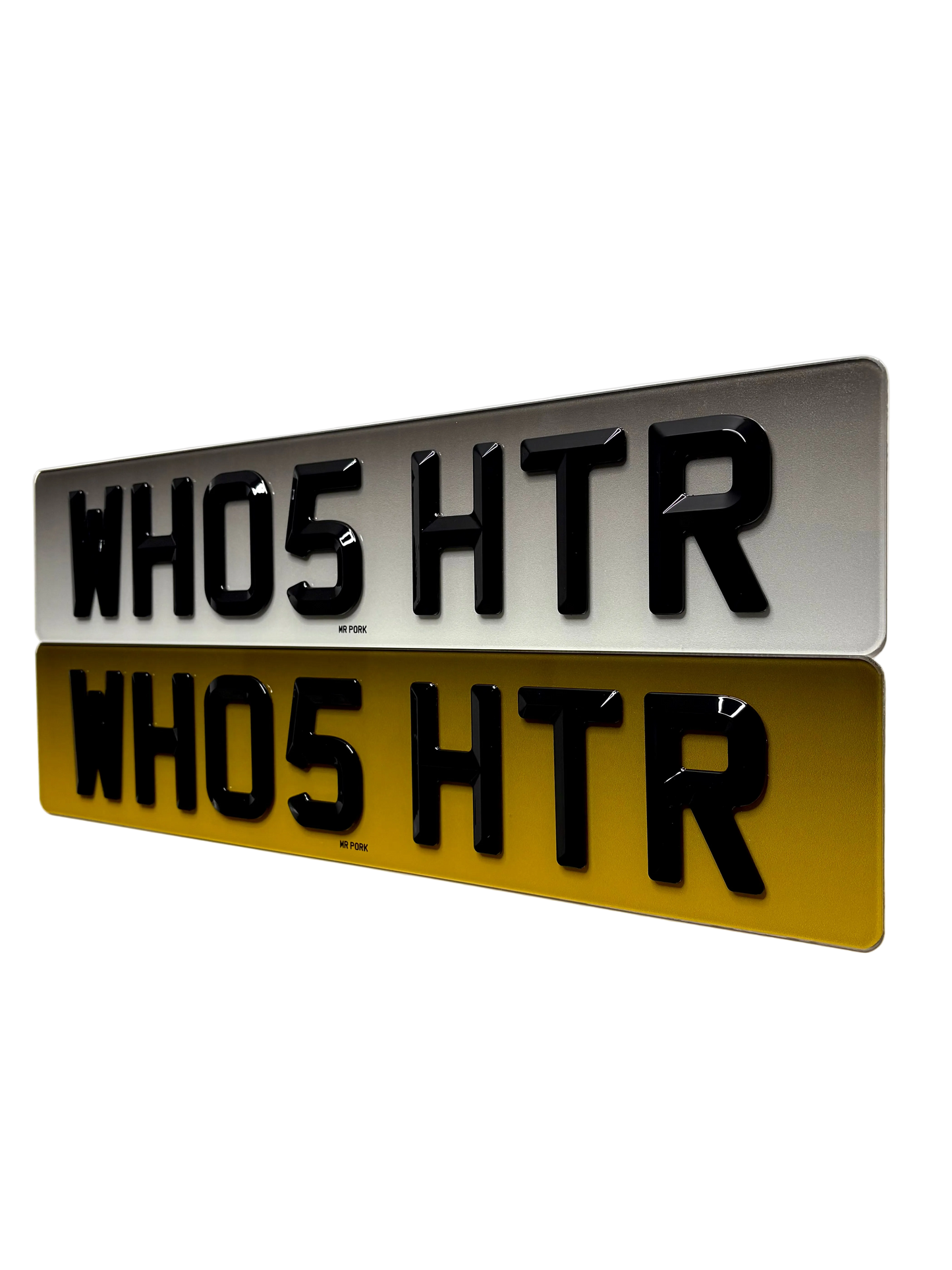 Two license plates with 'WHO5 HTR' text on a white background