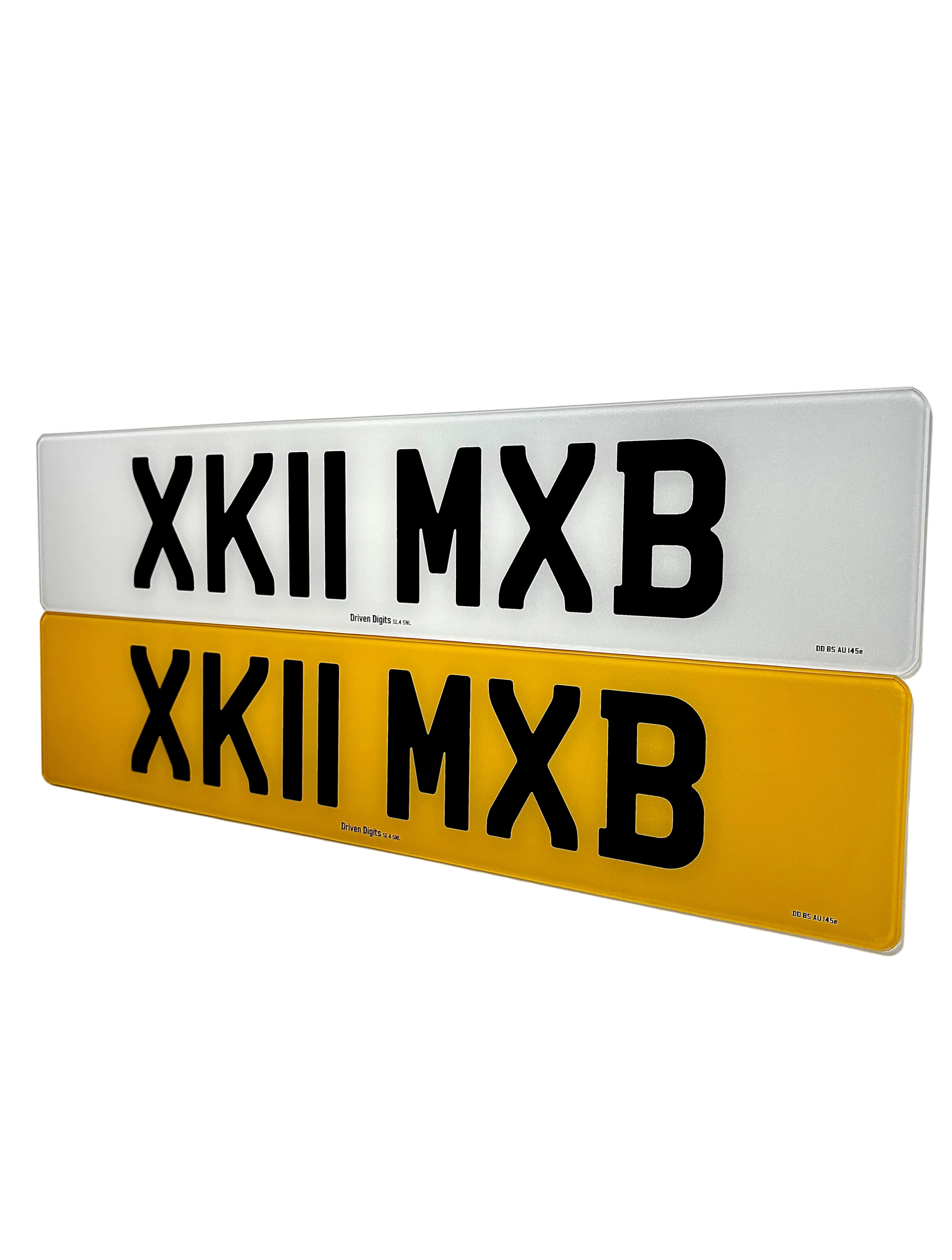 Two rectangular license plate-style signs with the black text 'XK11 MXB' on a white sign above and a yellow sign below, shown against a plain light background.