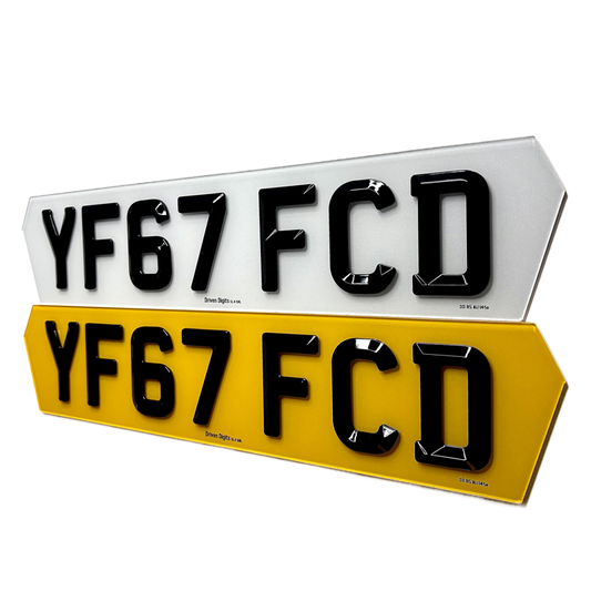 Two hex license plates with 'YF67 FCD' text on a white background