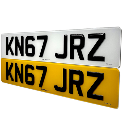 Two rectangular license plate style signs with the black text 'KN67 JRZ' shown on white and yellow backgrounds, isolated on a black background.