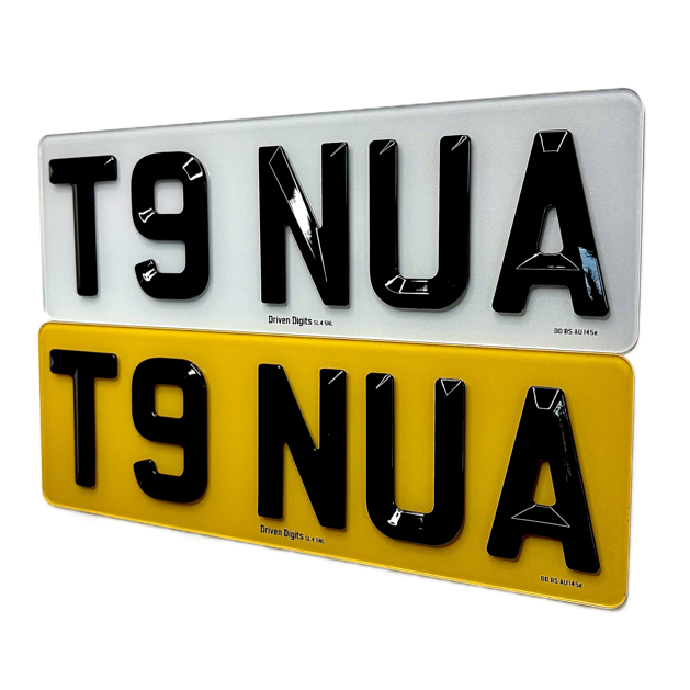 Two rectangular 4D retro shortened license plate style signs with raised black letters reading T9 NUA, one white and one yellow, shown on a plain white background.