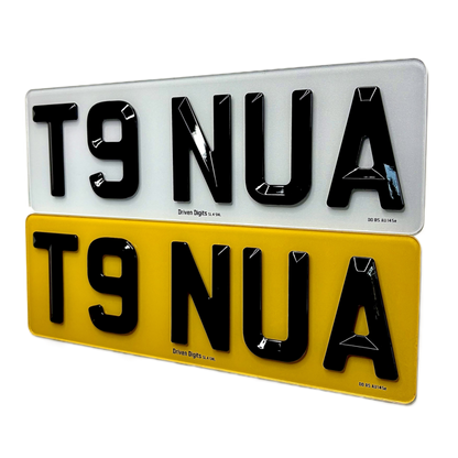 Two rectangular 4D retro shortened license plate style signs with raised black letters reading T9 NUA, one white and one yellow, shown on a plain white background.
