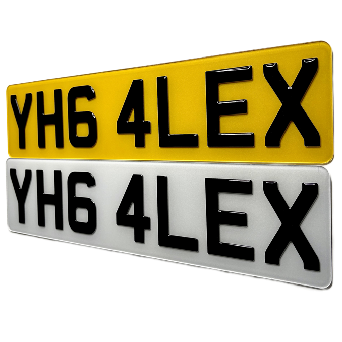 Two license plates with the text 'YH6 4LEX' on a white background