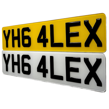 Two license plates with the text 'YH6 4LEX' on a white background