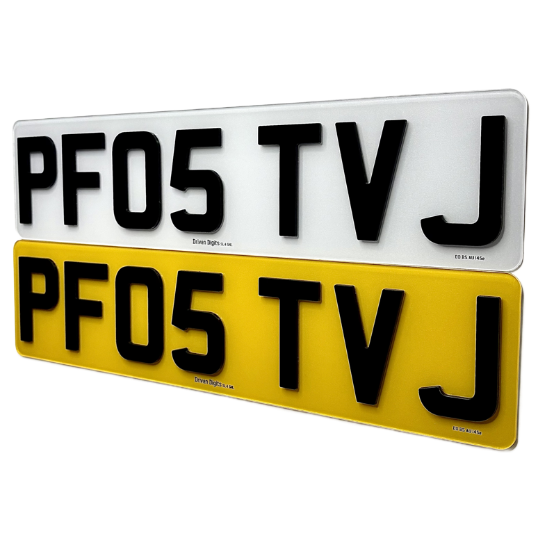 Two license plates with 'PF05 TVJ' text on a white background