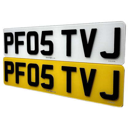 Two license plates with 'PF05 TVJ' text on a white background