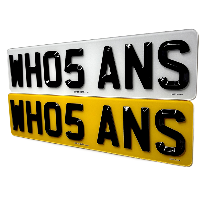 Two novelty license plate signs with raised black lettering reading 'WHO5 ANS' on white and yellow backgrounds, shown on a plain white studio background.