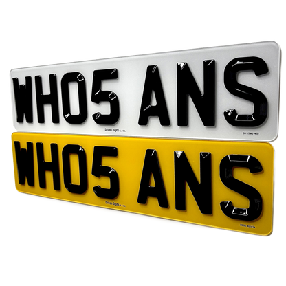 Two novelty license plate signs with raised black lettering reading 'WHO5 ANS' on white and yellow backgrounds, shown on a plain white studio background.