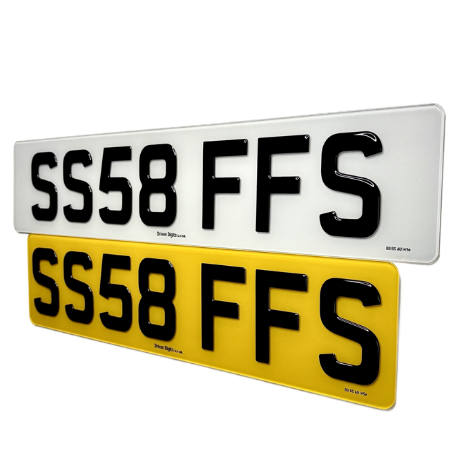 Two license plates with the same number 'SS58 FFS' on a white background