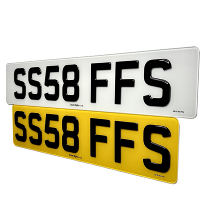 Two license plates with the same number 'SS58 FFS' on a white background
