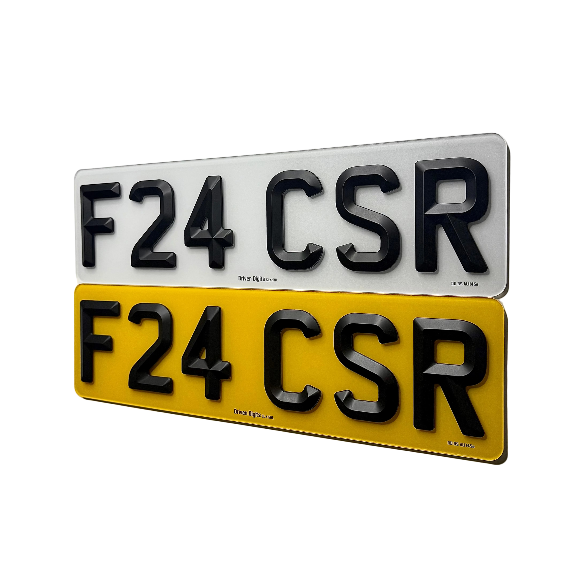 A pair of 6 digit shortened matte 4D retro road legal/replacement number plates