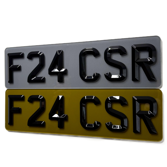 Two shortened tinted 4D retro license plates with 'F24 CSR' text on a white background