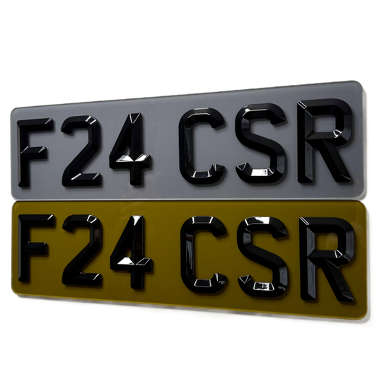 Two shortened tinted 4D retro license plates with 'F24 CSR' text on a white background