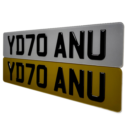 Two tinted number plates with 'YD70 ANU' text on a white background