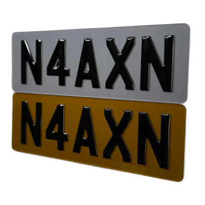Two shortened tinted 3d gel number plates with 'N4AXN' text on a white background