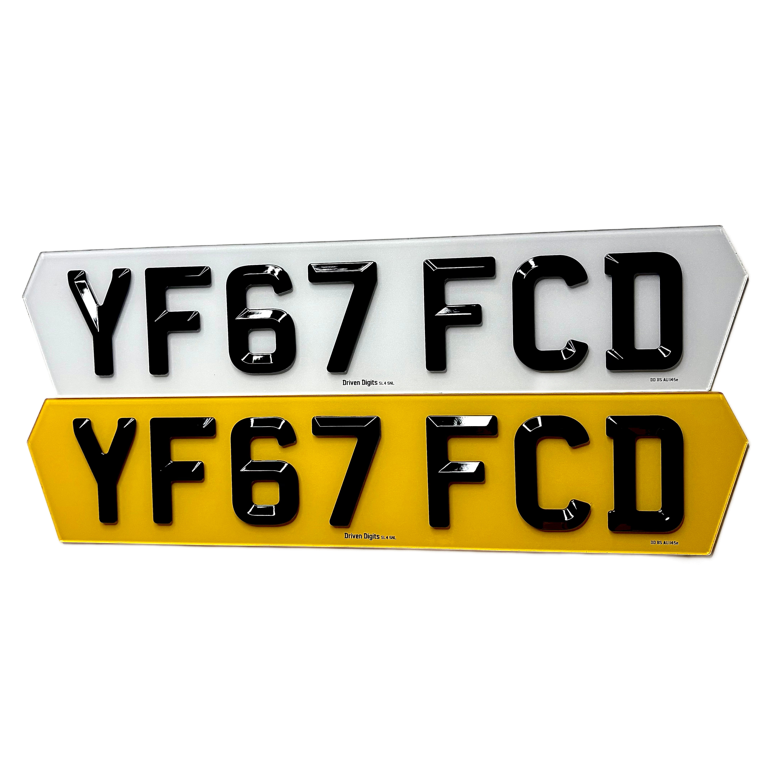 Two hex license plates with 'YF67 FCD' text on a white background