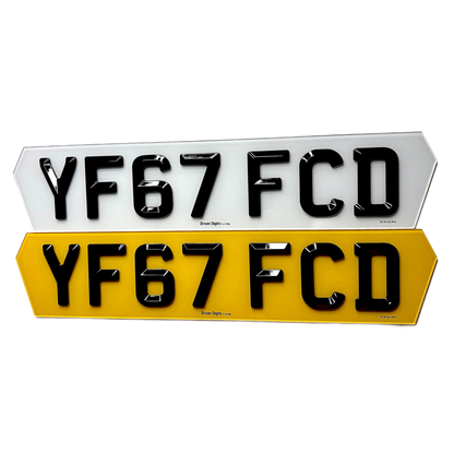 Two hex license plates with 'YF67 FCD' text on a white background