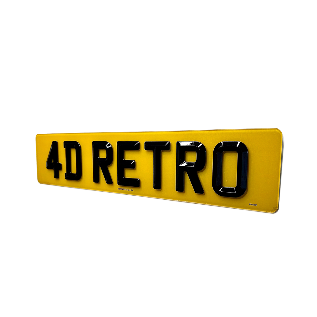 Yellow license plate with '4D RETRO' text on a white background