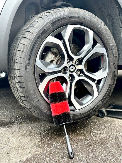 Alloy wheel cleaning brush shown on wheel without packaging by Driven Digits